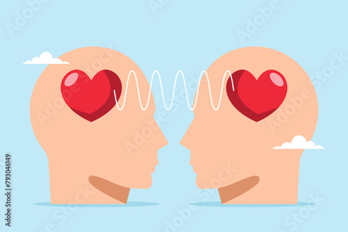Heads of people with hearts sharing feelings illustrating empathy, sympathy, caring, willingness to support others emotionally. Concept of understanding, kindness, and social support