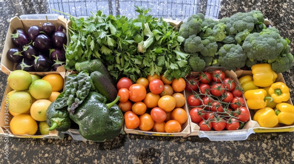 A farmer's market haul of fresh produce, the morning light accentuating the dew on organic fruits and vegetables, ready for a healthy meal prep.