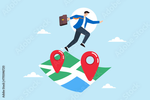 Businessman jumps from one map navigation pin to new one, illustrating business relocation. Concept of moving offices to new address or transferring to different location