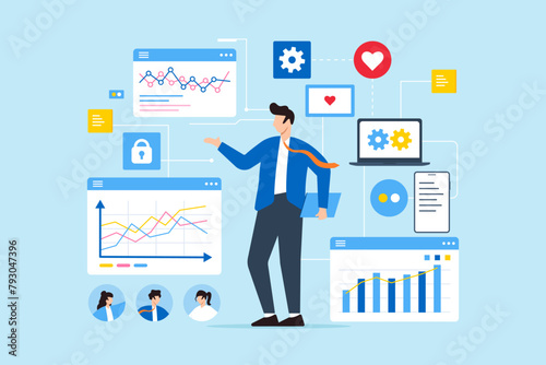 Businessman using self service software illustrating individuals accessing tools or applications to achieve results independently. Concept of online help or assistance, and resource management