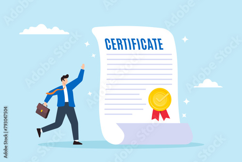 Happy businessman with star certificate paper, illustrating work achievement. Concept of certificate for taking course, award for excellent work, diploma document, and license stamp
