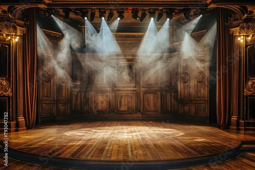 Stage With Wooden Floor and Red Curtains