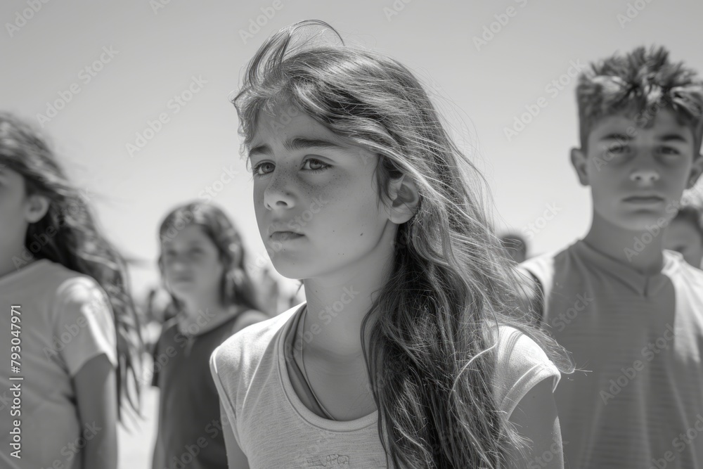 Black and white portrait of a teenage girl with her friends in the background Black and white portrait of a teenage girl with her friends in the background