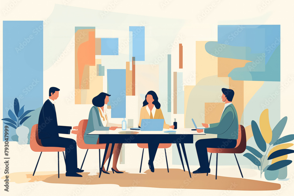 Business graphic vector modern style illustration of business people in a workplace environment meeting to collaborate discuss pitch present project results financial accounts outline agreement Business graphic vector modern style illustration of business people in a workplace environment meeting to collaborate discuss pitch present project results financial accounts outline agreement