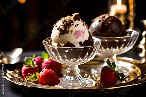 A gold tray holds two ice cream sundaes topped with strawberries, creating a delightful dessert display. photo
