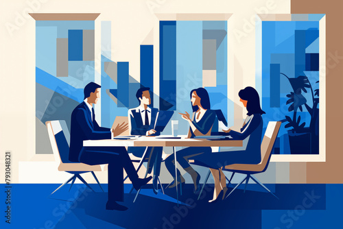 Business graphic vector modern style illustration of business people in a workplace environment meeting to collaborate discuss pitch present project results financial accounts outline agreement