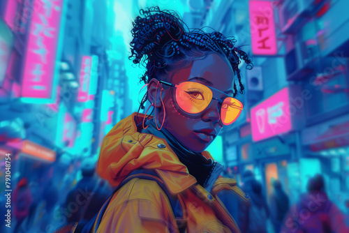 Afrofuturistic woman with city thrives. Neon lights, diverse people, stylish gadgets. Blend of Afrofuturism and detail.