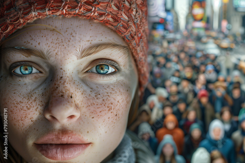 a face of a young woman in front. Diverse faces & bustling city. Photorealistic, tilt-shift. Inclusion concept. 