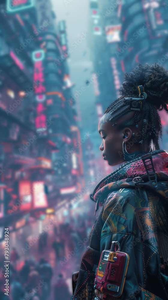 Afrofuturistic woman with city thrives. Neon lights, diverse people, stylish gadgets. Blend of Afrofuturism and detail.