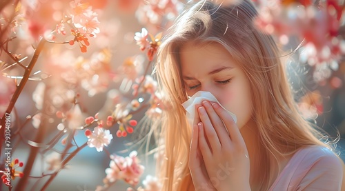 allergies to flowers, to pollen, exacerbation of allergies, a person sneezes and watery eyes in spring and summer photo