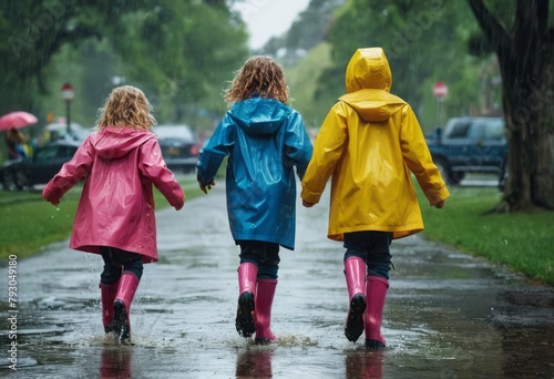 Three children walk together in raincoats and boots. Playfulness and childhood joy during rainy weather.