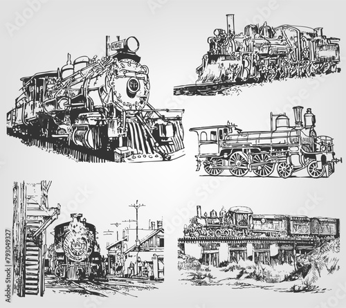 Set of Old Steam Locomotive, Hand Drawn Retro Transport, Vector illustration