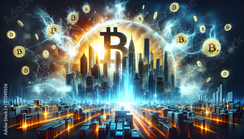 Abstract Bitcoin Symbols on Digital Graphs Representing Wealth Rise and Growth - 3D Icon Concept