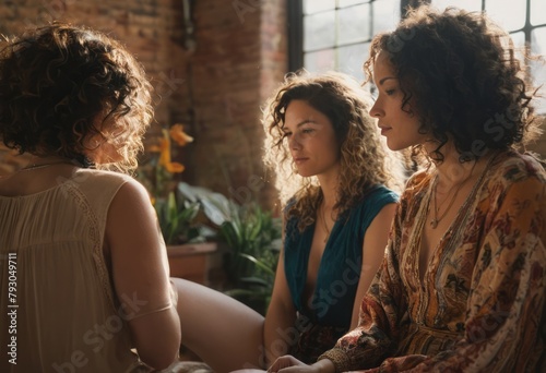 Three women share a serene moment together, basking in the warm light of a peaceful setting. Their relaxed postures and soft smiles suggest a deep bond and a shared sense of contentment.