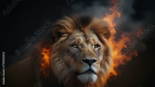  face of lion crated with burning flame in front of smoke © AI Stocks
