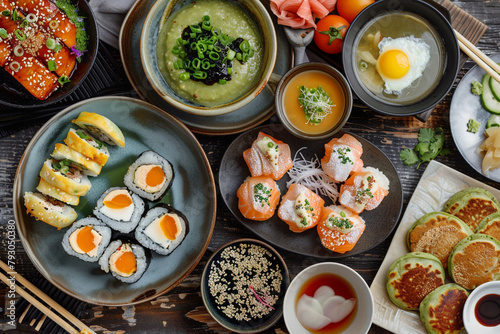 An Asian fusion brunch table, with innovative dishes like sushi rolls filled with breakfast ingredients
