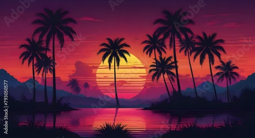 Vaporwave, synthwave retro style neon landscape background with palms, sunset