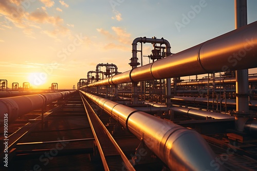 Industrial zone, Steel pipelines and valves against sunset sky background.