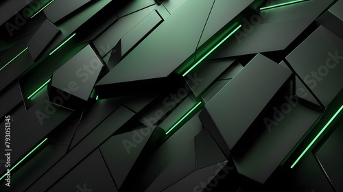 Black, jade green abstract triangle background, glossy metal like kook background. Generated AI photo