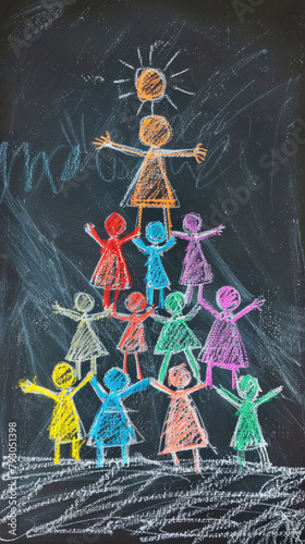 a childrens drawing on paper of product designers find new team member, in the style of chalk drawing, offwhite background photo