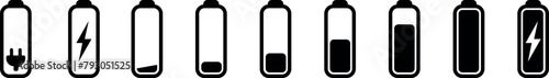 Set of vertical battery level indicators in percentage vector. Battery indicator symbols. 0, 100 