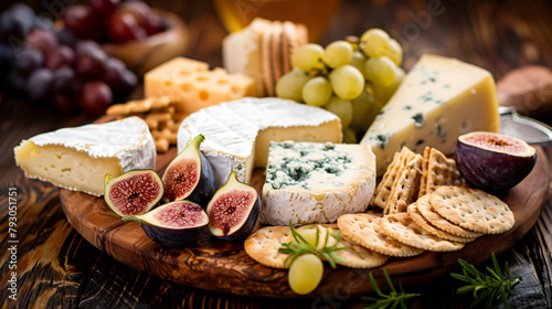 gourmet cheese platter: an assortment of artisanal cheeses such as brie, gouda, and blue cheese, paired with crackers, grapes, figs, and honeycomb, arranged on a wooden board