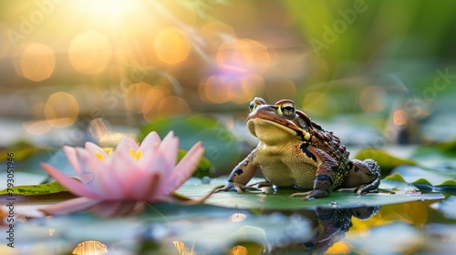 cute frog on a lot leaf in a pond with bokeh background on a sunrise