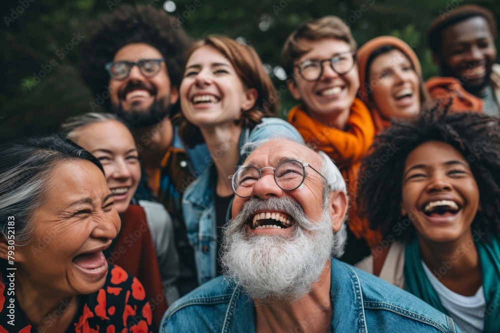 Group of diverse people having fun together outdoors. Multiethnic group of friends having fun together.