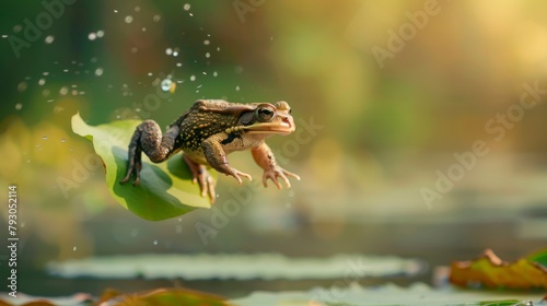 cute frog jumping in a pond with blurred background in high resolution and high quality