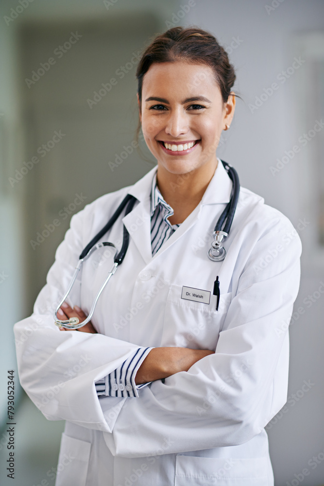 Smile, portrait and doctor with stethoscope in hospital, clinic and wellness facility with confidence in medical career. Female person, cardiologist and healthcare professional with trust and help