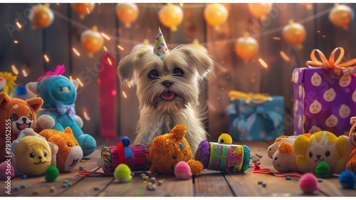 A birthday celebration scene with a Maltese dog surrounded by a bounty of squeaky toys, each wrapped with a tiny birthday ribbon. photo