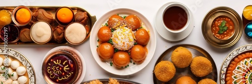 A delightful spread of Indian sweets, including gulab jamun, rasgulla, and jalebi, accompanied by a warm cup of masala chai photo