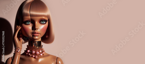 A mannequin doll in jewelry and a wig on a beige background.
