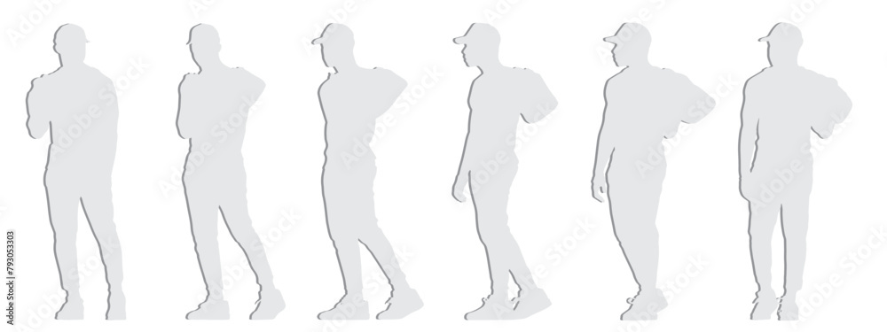 Vector concept conceptual gray paper cut silhouette of a young man carrying a duffel bag from different perspectives isolated on white. A metaphor for sport, fitness, travel and active lifestyle