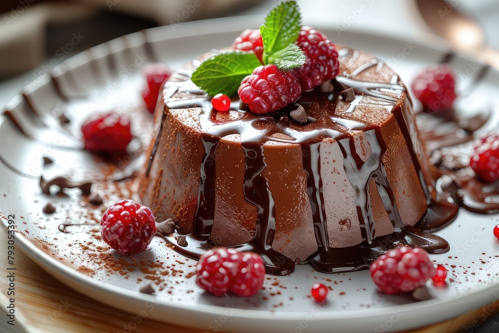 Decadent and divine, a chocolate lover's heaven. Gourmet chocolate dessert elegantly presented on the plate. Decadent and divine, a chocolate lover's heaven. Gourmet chocolate dessert elegantly presented on the plate.