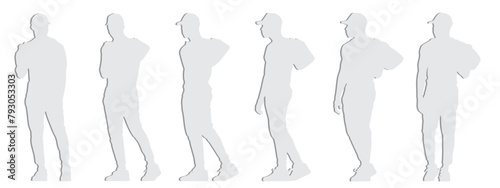 Vector concept conceptual gray paper cut silhouette of a young man carrying a duffel bag from different perspectives isolated on white. A metaphor for sport, fitness, travel and active lifestyle
