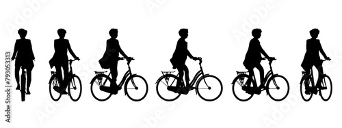 Vector concept or conceptual black silhouette of a woman riding a bicycle from different perspectives isolated on white background. A metaphor for health, fitness, work, leisure and lifestyle