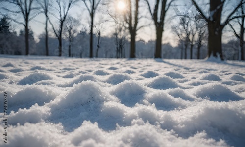 a close up of a snow covered ground with a blurry image of snow flakes and snow flakes © junet