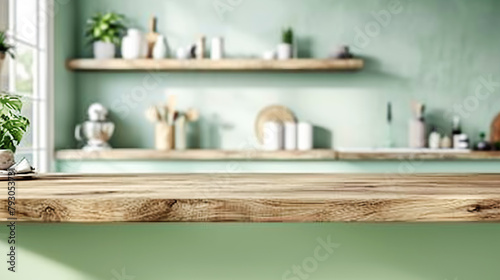 Wooden light empty countertop on the background of a modern light green kitchen  kitchen panel with accessories in the interior. Scene showcase template for promotional items  banner  copy space
