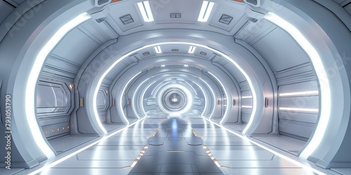 Futuristic spaceship interior corridor design, white background 3D room light abstract space technology tunnel stage floor. Empty white future 3D neon background.