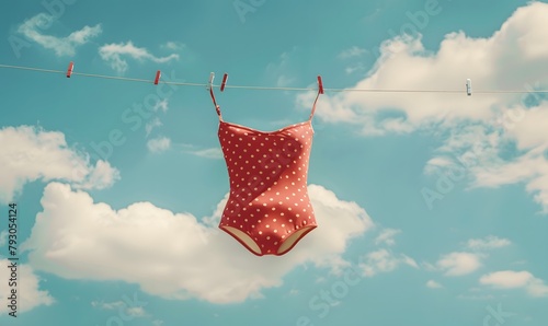Swimsuit drying on a line, bright sunny summer day, retro pin up style.