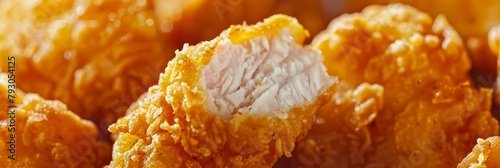 An upclose look at a crispy chicken nugget with a golden brown coating photo