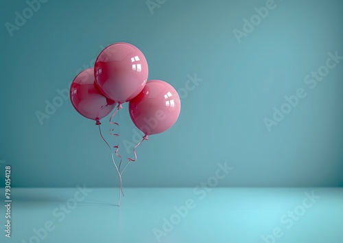 Three pink balloons floating against a pastel blue background, happy birthday party