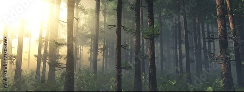 Forest in the morning in a fog in the sun, trees in a haze of light, glowing fog among the trees, 3D rendering © ustas