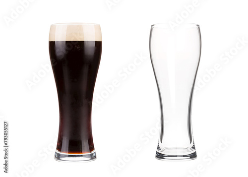 Two beer glasses isolated on white background. Mug filled with draft beer with bubbles and foam and an empty mug. Graphic design element for brewery ad, beer garden poster, flyers, printables.