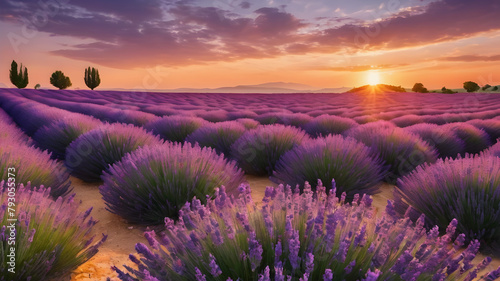 Summer field with blooming lavender flowers against the sunset sky. Beautiful nature landscape, vacation background, famous travel destination. Picturesque nature view, bright sunset sunrise, Provence