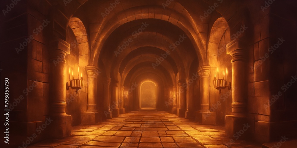 Dark dungeon backgrounds, long scary medieval castle corridor with torches. Endless mystical nightmare and opportunity for secret treasure, game, Halloween, party event card backgrounds.