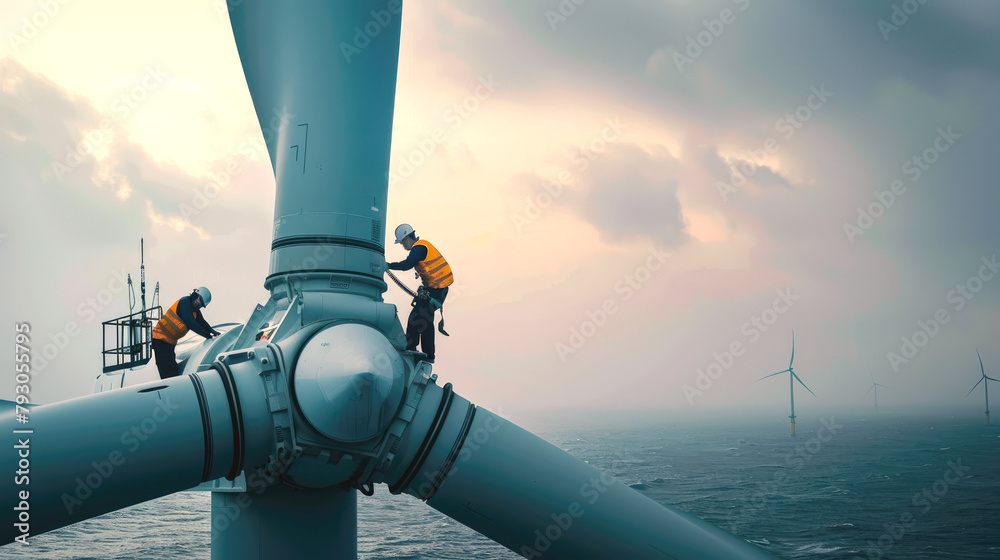 Workers stand on wind turbine top in sea at sunset, engineers perform maintenance of windmill in ocean. Concept of energy, power, sustainable development, technology