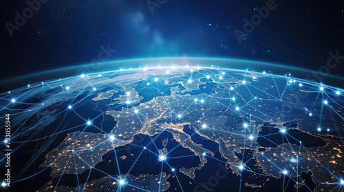 World global network background, digital polygonal grid on Europe, Earth globe. Concept of connect, map, tech, worldwide, internet, satellite and future
