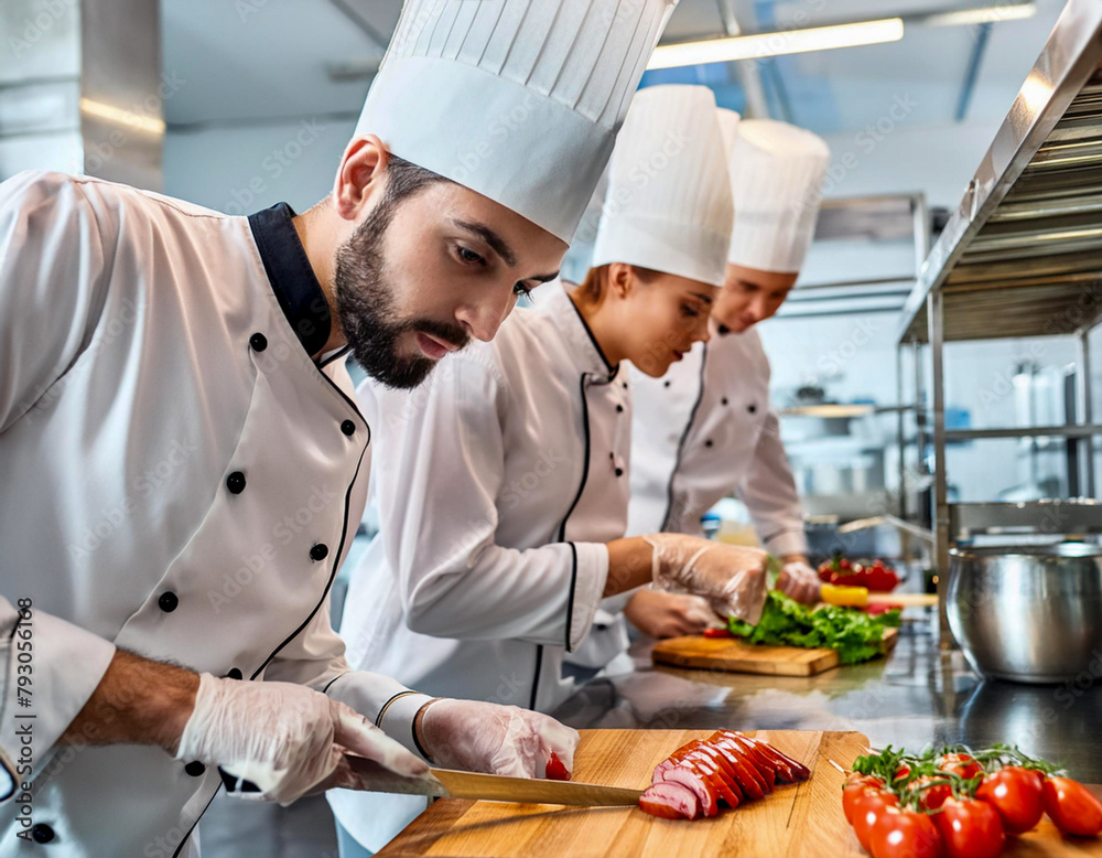 chef preparing food with team of young chefs preparing delicatessen dishes